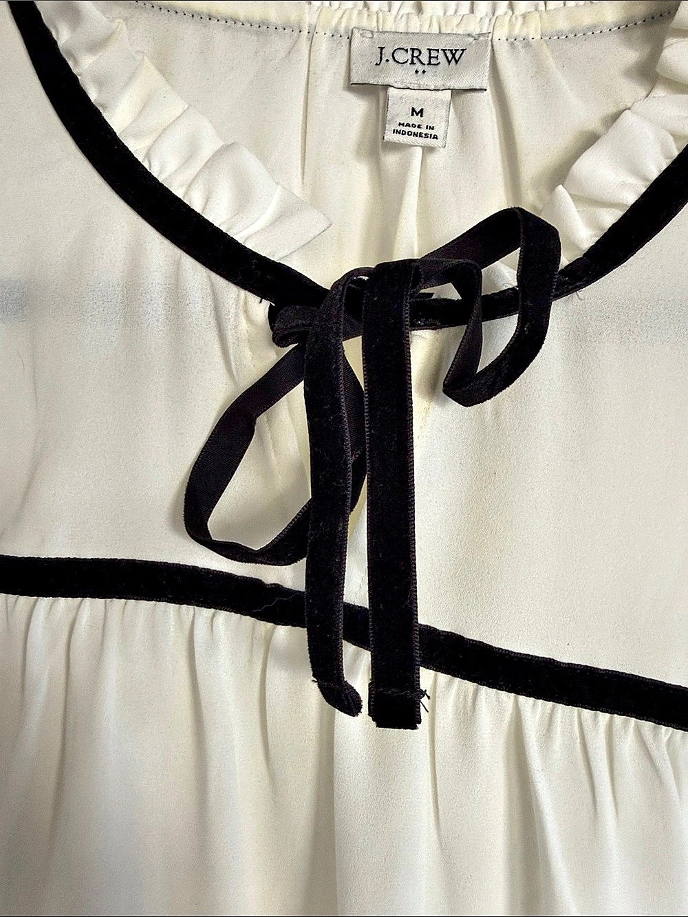 J.Crew Ruffle Tie-Neck Velvet Trim Blouse White XS - Picture 3 of 4
